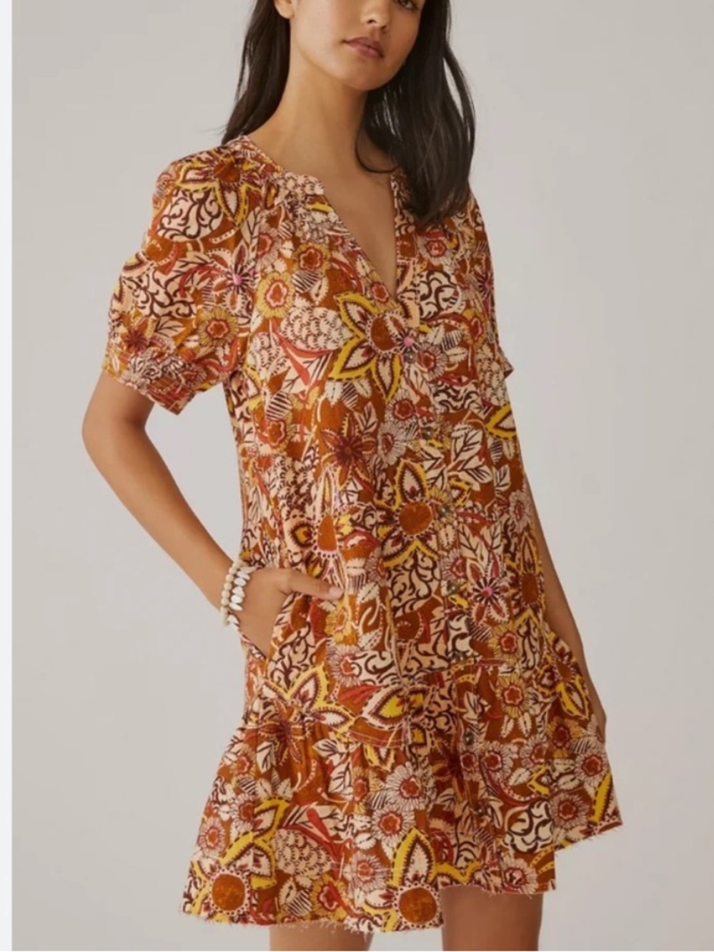 Anthropologie Pilcro Brown Floral Tapestry Puff Sleeve Mini Dress Linen Size XXS